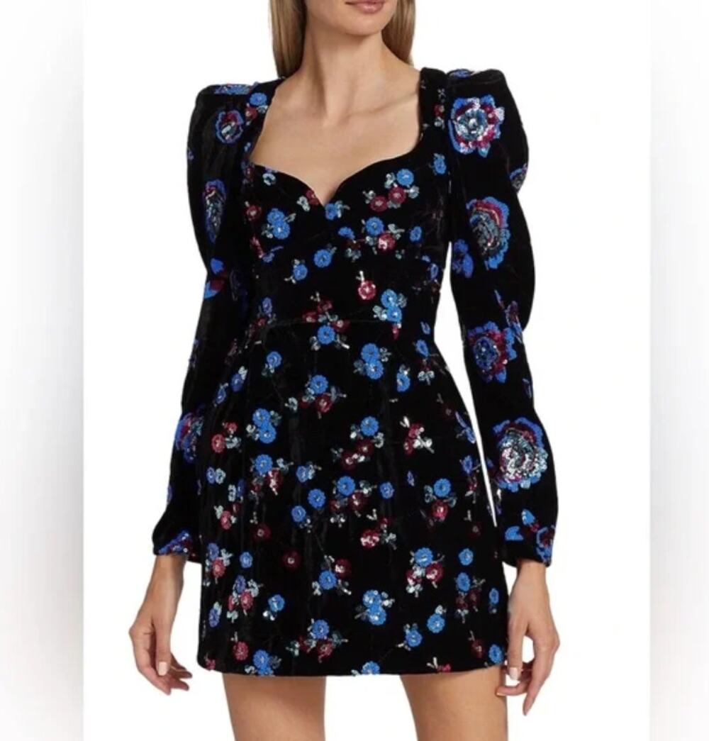 Sabina Musayev Roseritta Velvet Sequin Mini Dress XS NWT Floral Puff Sleeve